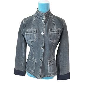 Tahari Jean Jacket S/P Embellished Sparkle Snap Close Medium Wash